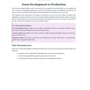 May include: A book page titled "From Development to Production" discussing Python code deployment. It highlights application failures, career impact, and business value. Aimed at Python developers seeking to improve their production skills.