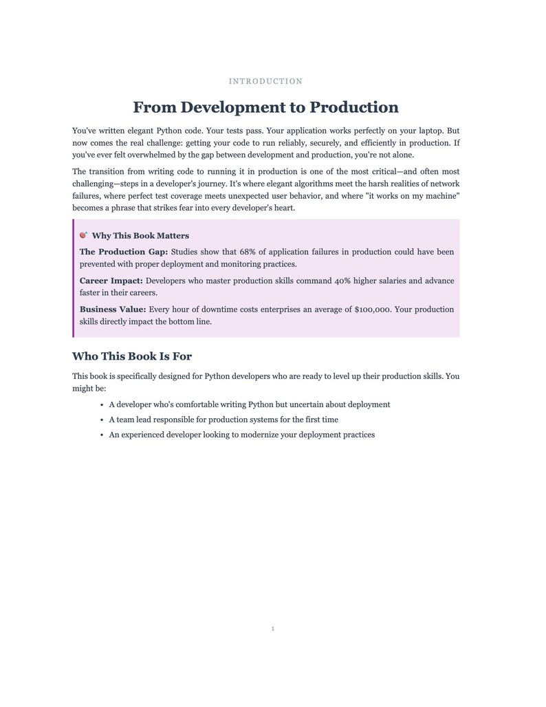 May include: A book page titled "From Development to Production" discussing Python code deployment. It highlights application failures, career impact, and business value. Aimed at Python developers seeking to improve their production skills.