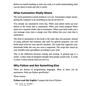 K&ouml;nnte beinhalten: Eine Buchseite mit dem Titel "Kapitel 1 - Warum Python f&uuml;r allt&auml;gliche Aufgaben". Der Text erkl&auml;rt Automatisierung und warum Python verwendet wird. Schwarzer Text auf wei&szlig;em Hintergrund.