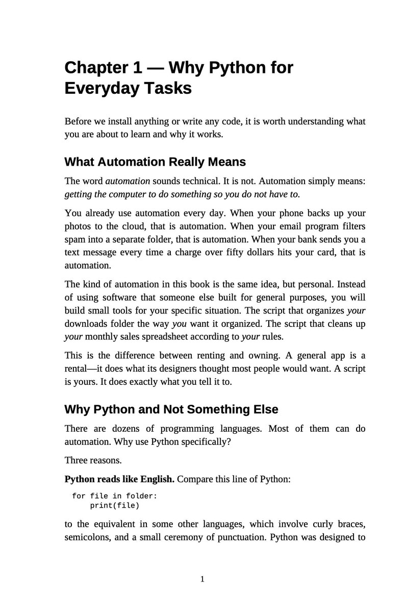 K&ouml;nnte beinhalten: Eine Buchseite mit dem Titel "Kapitel 1 - Warum Python f&uuml;r allt&auml;gliche Aufgaben". Der Text erkl&auml;rt Automatisierung und warum Python verwendet wird. Schwarzer Text auf wei&szlig;em Hintergrund.