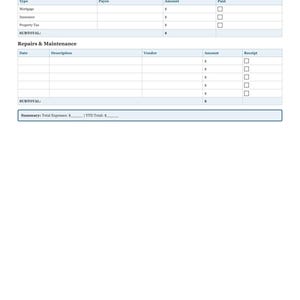 May include: A white expenses sheet titled "JANUARY 2026 - Expenses". It includes sections for fixed costs, repairs, and maintenance. The sheet has columns for type, payee, amount, and paid, with checkboxes for receipts.