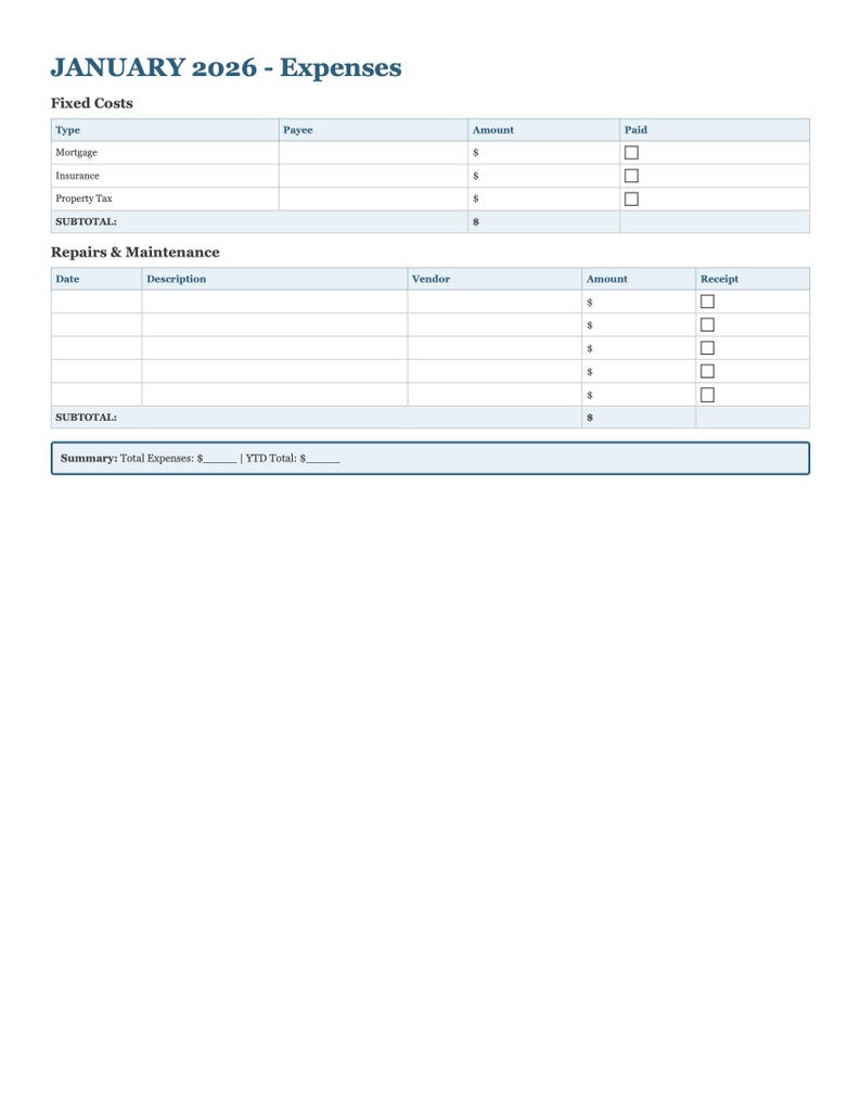 May include: A white expenses sheet titled "JANUARY 2026 - Expenses". It includes sections for fixed costs, repairs, and maintenance. The sheet has columns for type, payee, amount, and paid, with checkboxes for receipts.