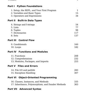 May include: A table of contents from a book, with the title "Contents" at the top. The text is black on a white background, listing chapters and page numbers for Python programming topics.