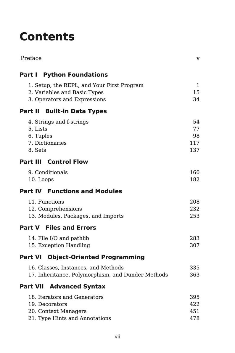 May include: A table of contents from a book, with the title "Contents" at the top. The text is black on a white background, listing chapters and page numbers for Python programming topics.