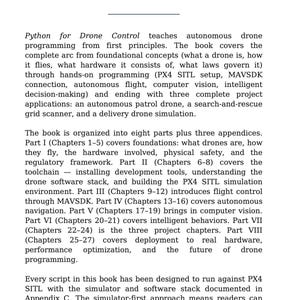 May include: A book cover with the title "About This Book" in a sans-serif font. The text below describes the book's content, which focuses on Python programming for drone control, covering foundational concepts and applications.