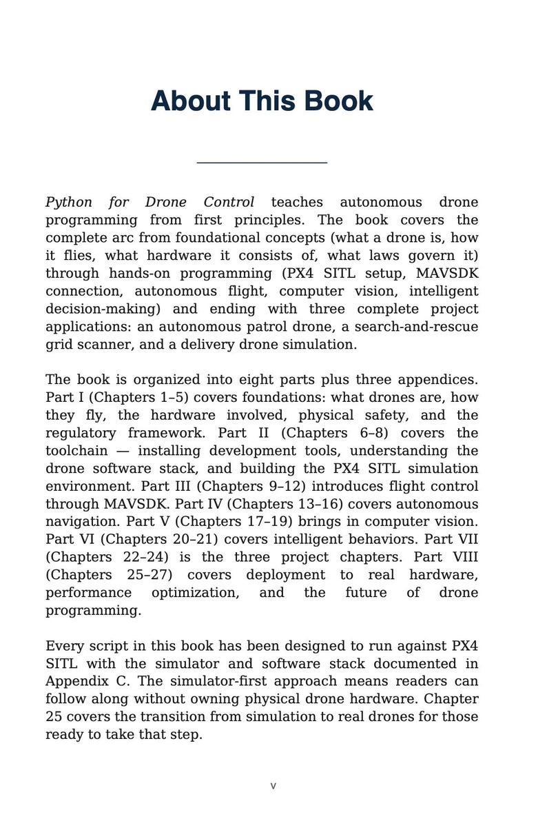 May include: A book cover with the title "About This Book" in a sans-serif font. The text below describes the book's content, which focuses on Python programming for drone control, covering foundational concepts and applications.
