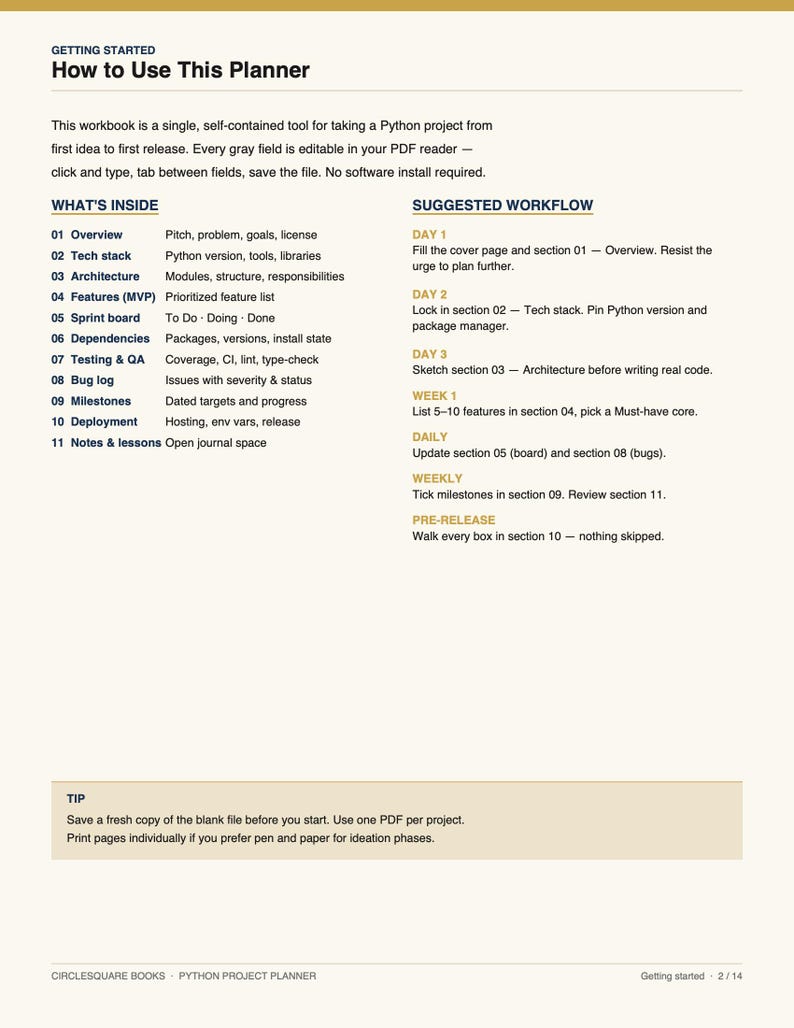 K&ouml;nnte beinhalten: Eine Seite aus einem Planer mit dem Titel &bdquo;How to Use This Planner&ldquo;. Das Dokument beschreibt einen Workflow f&uuml;r ein Python-Projekt, einschlie&szlig;lich Abschnitten zu &Uuml;bersicht, Tech-Stack, Architektur und Funktionen. Es bietet auch Tipps zur Verwendung.