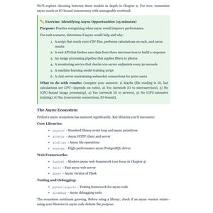 Puede incluir: Una p&aacute;gina blanca con el t&iacute;tulo "PART ONE: ASYNC FUNDAMENTALS" y texto que discute la programaci&oacute;n as&iacute;ncrona en Python. Incluye una lista de ejercicios y bibliotecas clave como asyncio y aiohttp. La p&aacute;gina tambi&eacute;n enumera frameworks web y herramientas de prueba.