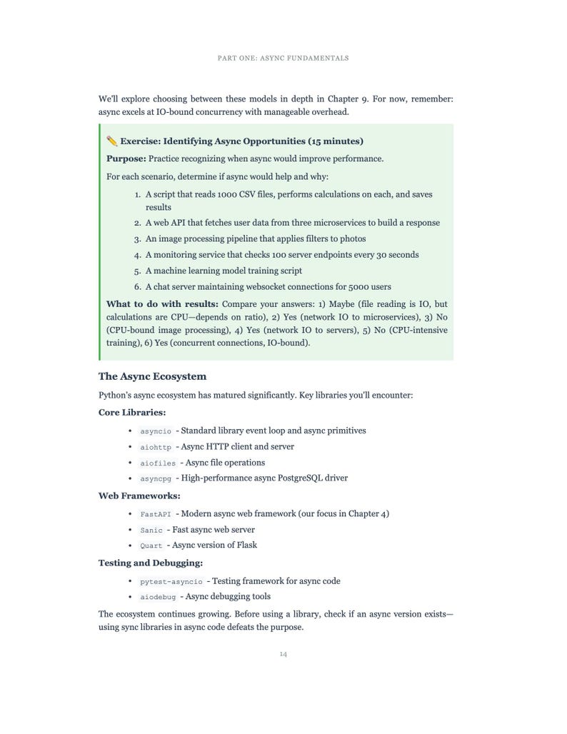 Puede incluir: Una p&aacute;gina blanca con el t&iacute;tulo "PART ONE: ASYNC FUNDAMENTALS" y texto que discute la programaci&oacute;n as&iacute;ncrona en Python. Incluye una lista de ejercicios y bibliotecas clave como asyncio y aiohttp. La p&aacute;gina tambi&eacute;n enumera frameworks web y herramientas de prueba.