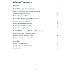 Puede incluir: Una p&aacute;gina de un libro titulada "Tabla de Contenidos" con una lista de cap&iacute;tulos y n&uacute;meros de p&aacute;gina. El texto en negro sobre fondo blanco cubre temas como programaci&oacute;n as&iacute;ncrona y patrones avanzados.