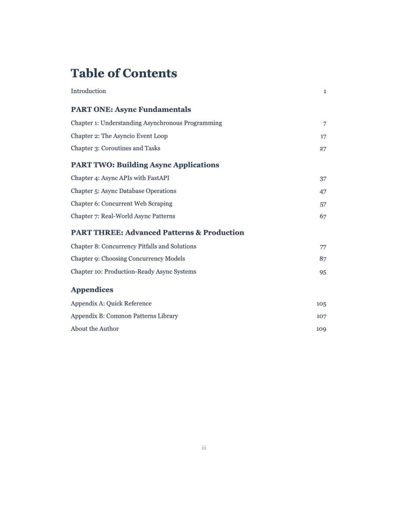 Puede incluir: Una p&aacute;gina de un libro titulada "Tabla de Contenidos" con una lista de cap&iacute;tulos y n&uacute;meros de p&aacute;gina. El texto en negro sobre fondo blanco cubre temas como programaci&oacute;n as&iacute;ncrona y patrones avanzados.