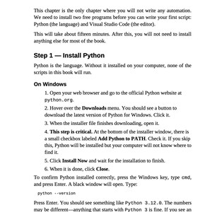 K&ouml;nnte beinhalten: Eine Seite aus einem Buch mit dem Titel "Python f&uuml;r die t&auml;gliche Automatisierung". Der Text beschreibt die Einrichtung eines Arbeitsbereichs f&uuml;r die Automatisierung, einschlie&szlig;lich der Installation von Python. Anweisungen f&uuml;r Windows werden gegeben, mit Schwerpunkt auf dem Kontrollk&auml;stchen "Add Python to PATH".