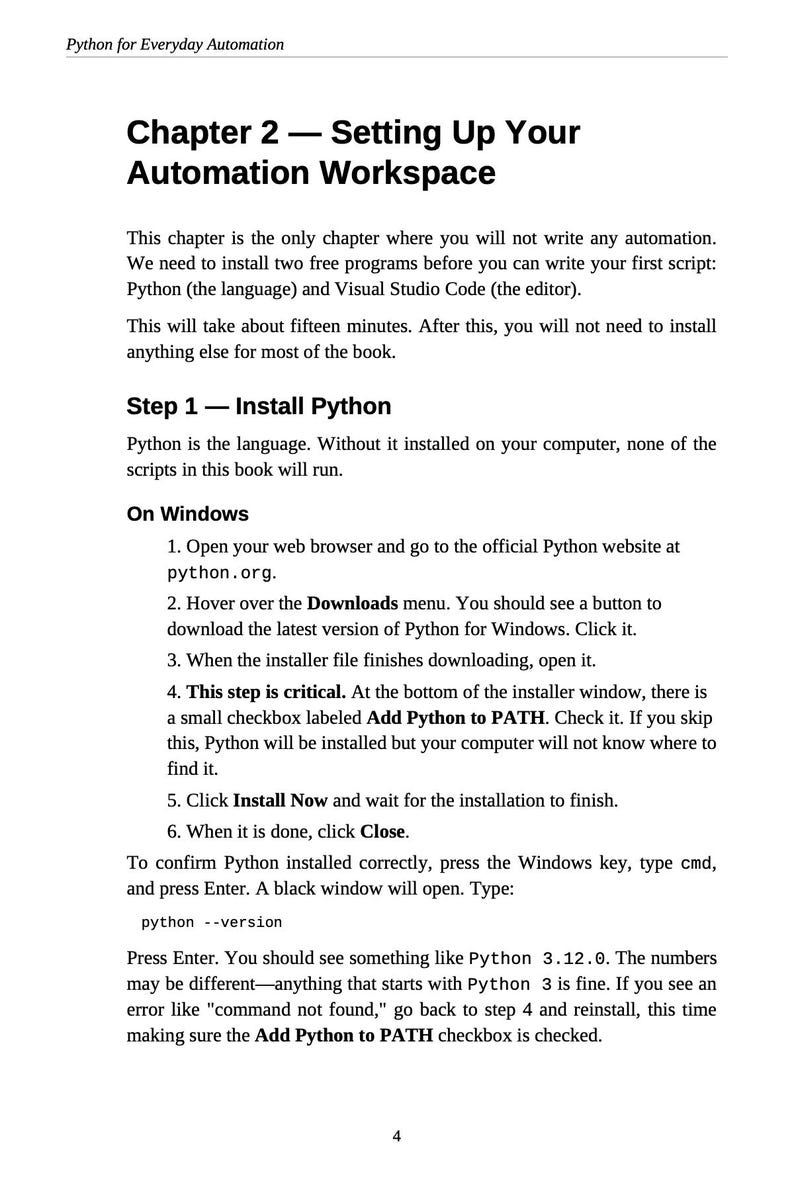 K&ouml;nnte beinhalten: Eine Seite aus einem Buch mit dem Titel "Python f&uuml;r die t&auml;gliche Automatisierung". Der Text beschreibt die Einrichtung eines Arbeitsbereichs f&uuml;r die Automatisierung, einschlie&szlig;lich der Installation von Python. Anweisungen f&uuml;r Windows werden gegeben, mit Schwerpunkt auf dem Kontrollk&auml;stchen "Add Python to PATH".