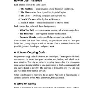 K&ouml;nnte beinhalten: Eine Buchseite mit Text &uuml;ber Python-Programmierung. Der Text enth&auml;lt Anweisungen zur Verwendung des Buches, mit Abschnitten zu Problemen, Pl&auml;nen, Code und Modifikationen. Es gibt auch einen Hinweis zum Kopieren von Code und ein Wort zur Sicherheit.