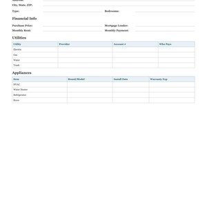 May include: A property information form with sections for address, financial details, and utilities. The form includes fields for purchase price, monthly rent, and utility providers. It also lists appliances like HVAC and a water heater.
