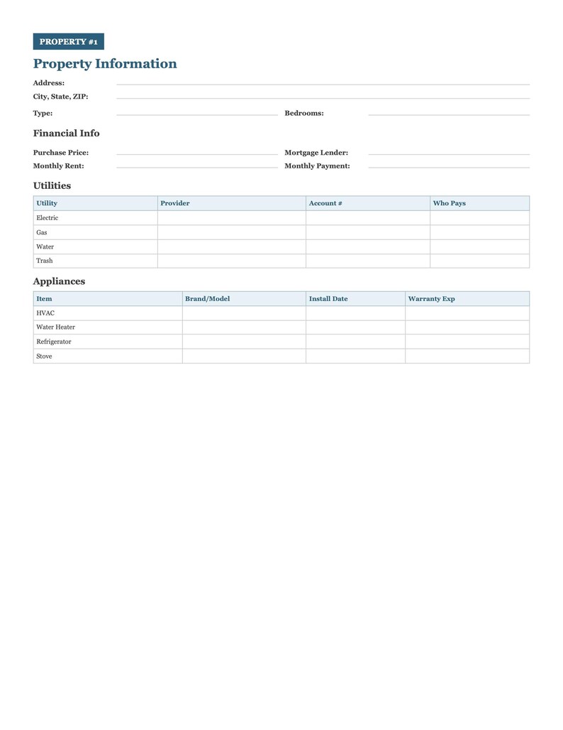 May include: A property information form with sections for address, financial details, and utilities. The form includes fields for purchase price, monthly rent, and utility providers. It also lists appliances like HVAC and a water heater.