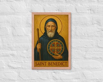 Saint Benedict with Benedict Medal | Catholic Framed Wall Art | Protection for Home & Family