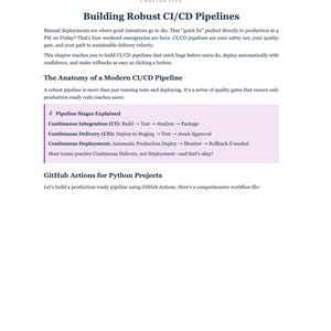 May include: A page from a technical document titled "Building Robust CI/CD Pipelines." The text explains CI/CD pipelines, their benefits, and the stages involved. Key phrases include "Continuous Integration" and "Continuous Delivery."