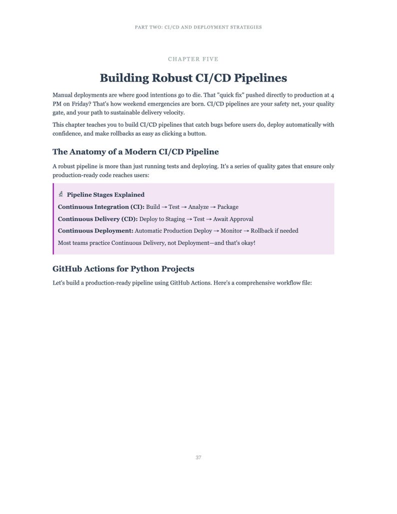 May include: A page from a technical document titled "Building Robust CI/CD Pipelines." The text explains CI/CD pipelines, their benefits, and the stages involved. Key phrases include "Continuous Integration" and "Continuous Delivery."