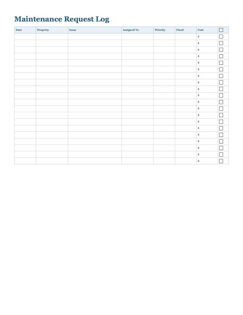 May include: A white paper document titled "Maintenance Request Log" with columns for Date, Property, Issue, Assigned To, Priority, Fixed, and Cost. Checkboxes are present next to the cost entries.