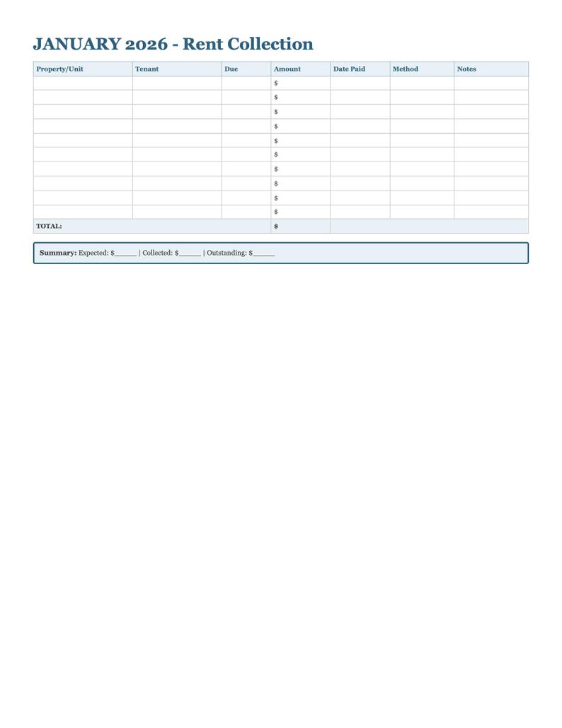 May include: A teal and white rent collection form for January 2026. The form includes fields for property/unit, tenant, due date, amount, date paid, method, and notes. A summary section shows expected, collected, and outstanding amounts.