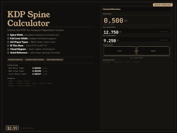 KDP Spine Calculator | Interactive PDF | Amazon Paperback Cover Dimensions | Self Publishing Tool