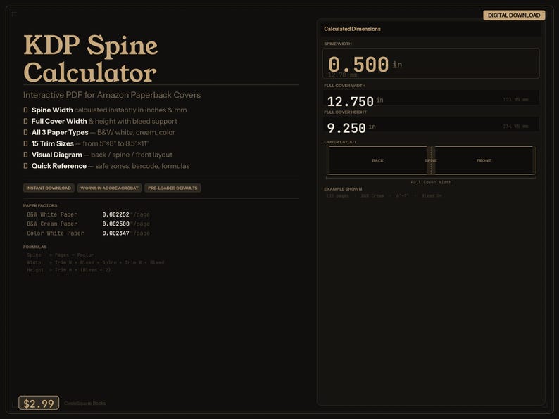 Puede incluir: Un producto digital para cubiertas de libros de bolsillo de Amazon, la KDP Spine Calculator. Calcula el ancho del lomo, el ancho y la altura de la cubierta. El ancho del lomo es de 1,27 cm, el ancho de la cubierta es de 32,39 cm y la altura de la cubierta es de 23,50 cm.