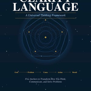 Puede incluir: Portada del libro "The Clarity Language" de Jose Valladares. El título está en letras blancas grandes, con un subtítulo "A Universal Thinking Framework". Un diseño geométrico está en el centro, con el nombre del autor y la editorial en la parte inferior.