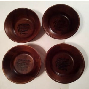 Rare Vintage 1980’s Planters Unsalted Cocktail Peanuts Set Of 4 Wooden Bowls 5 1/2”