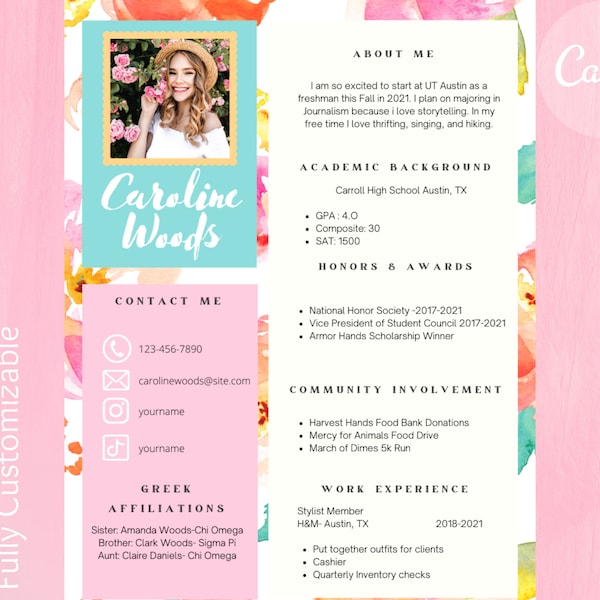 Colorful Resume -- Sorority Recruitment Template Creative Resume Template Canva Resume Instant Download Sorority Rush Template