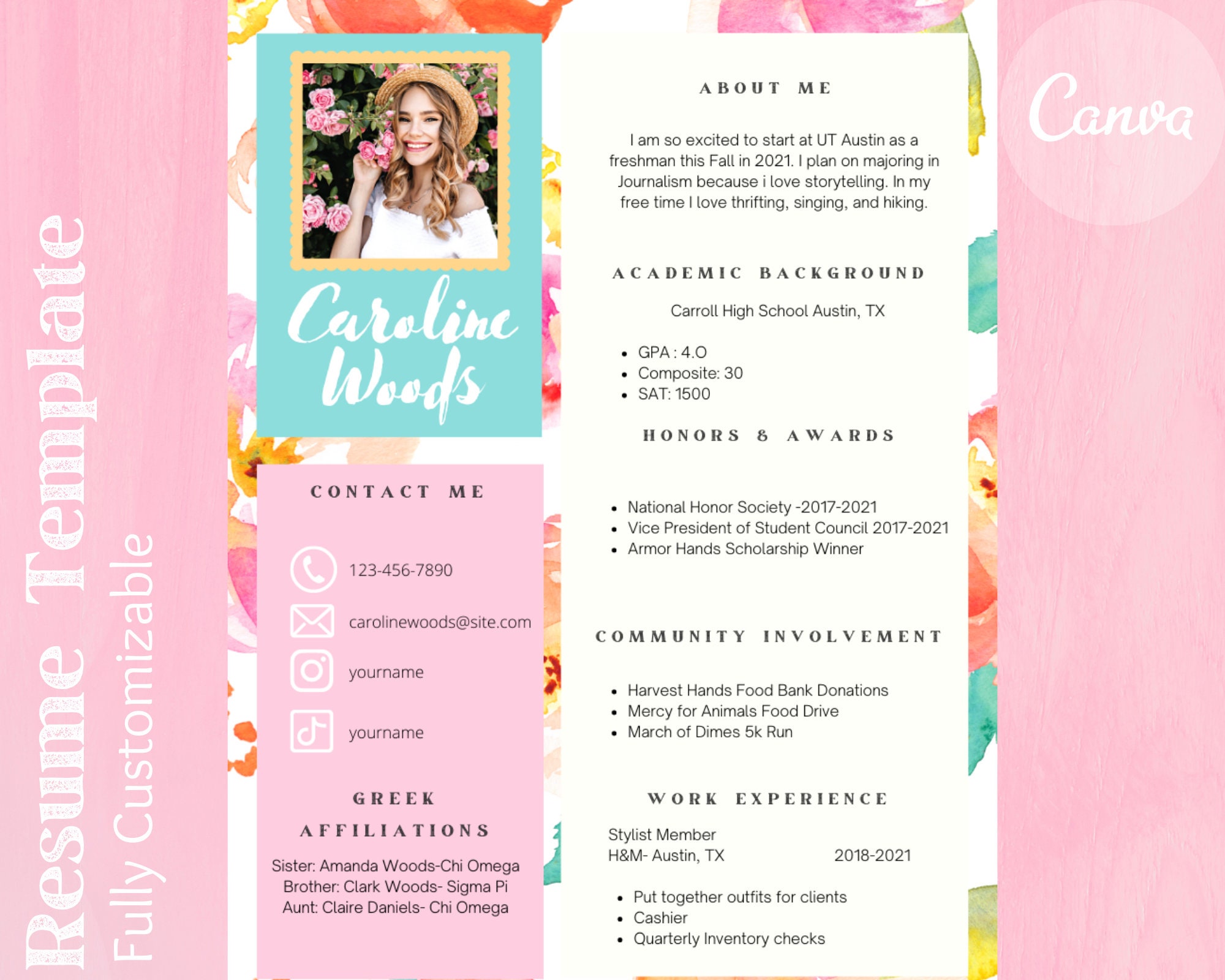Colorful Resume Sorority Recruitment Template Creative Etsy UK Colorful Resume Sorority Recruitment Template Creative Etsy UK