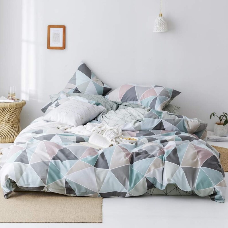 Geometric Duvet Cover Set Queen Sized 100 Cotton Reversible Etsy