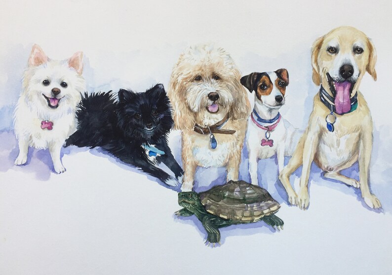 May include: Watercolor painting of five dogs and a turtle. The dogs are all different breeds and colors, and they are all looking at the camera. The turtle is in the foreground, and it is looking to the right. The background is a light blue color.