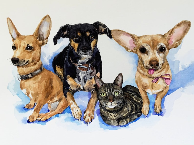 May include: Watercolor painting of three pets: a brown and white chihuahua, a black and brown terrier, and a tabby cat. The chihuahua and terrier are wearing collars, and the chihuahua has a pink bow.