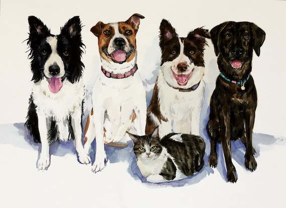 multiple pet portraits, custom dog portraits, custom pet portraits, gift for pet lover, pet paintings, dog memorials, pet memorials, pet art