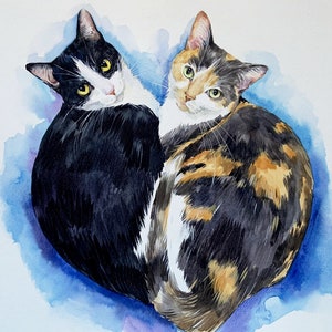 Hand-painted pets together, custom dog portrait, custom cat portrait,  portrait, gift for the cat lover, cat gift idea, cats from photo