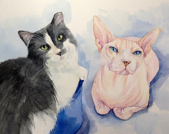 Custom Pet Portrait, Two dogs portrait, Mother's Day gift , Two cats together, hand painted pet portrait, gift for cat lover, gift for her