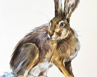 EUROPEAN HARE Portrait, ORIGINAL watercolor painting, rabbit drawing, bunny hand-painted art, gift for animal lover, Mother&#39;s Day gift