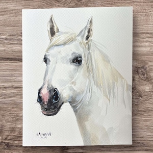 Original Watercolor Horse Portrait: Hand-Painted White Horse Art