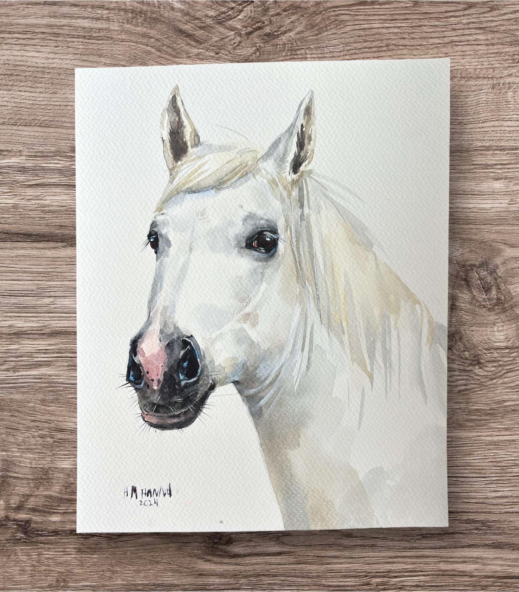 HAND-PAINTED HORSE portrait, horse painting, horse drawing, Horse face portrait, white horse art, gift for horse lover
