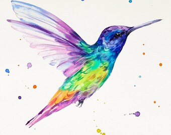 ORIGINAL WATERCOLOR PAINTING,  Colorful Hummingbird flying, Colibri portrait, tiny bird portrait, bright color feathers, Mother's Day gift