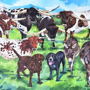 Custom multiple pet portrait from photo, personalized animal family painting, dog, cat group painting, memorial gift image 3