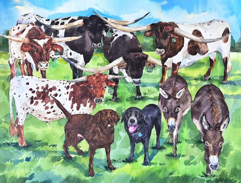 Custom multiple pet portrait from photo, personalized animal family painting, dog, cat group painting, memorial gift image 3