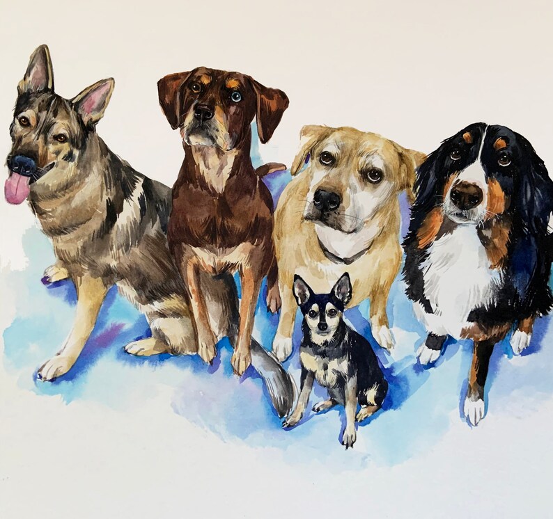 May include: Watercolor painting of five dogs. A brown and black dog, a brown dog, a light brown dog, a black and white dog, and a black dog. The dogs are all looking at the viewer.