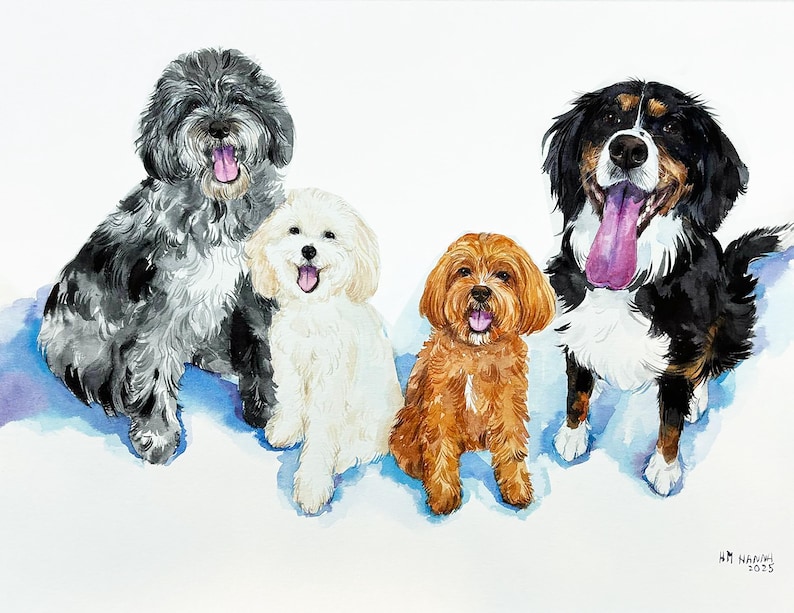 Custom multiple pet portrait from photo, personalized animal family painting, dog, cat group painting, memorial gift image 5