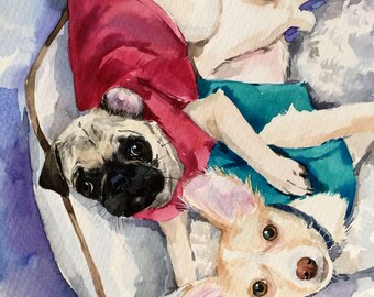 CUSTOM PET PORTRAIT, two pet portrait,pet from photo,hand painted dog portrait,commission pet portrait,pet loss,pet watercolor portrait