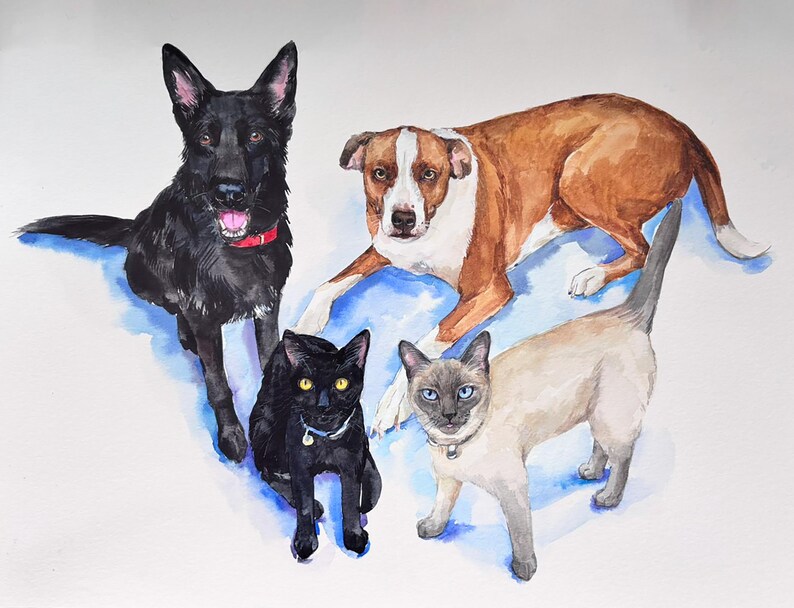 Custom multiple pet portrait from photo, personalized animal family painting, dog, cat group painting, memorial gift image 16