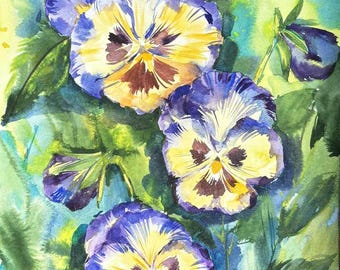 Pintura original de acuarela de pensamientos, arte floral de pared estilo cottagecore, regalo botánico, ilustración de flor de iris