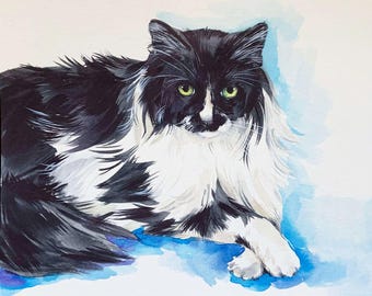 Hand-painted pet portrait, custom cat painting, memorial dog art, gift for animal lover, cat drawing