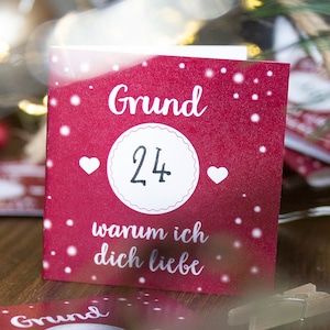 Adventskalender-Karten "24 Gründe warum ich dich liebe" + Holzklammern